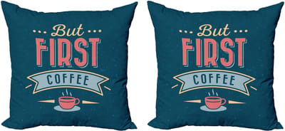 ABAKUHAUS But First Coffee Decoratieve Kussenhoes 2-pack, Modern Accent Dubbelzijdige Digitale Print, 45x45 cm, Donkerblauwgroen Koraal