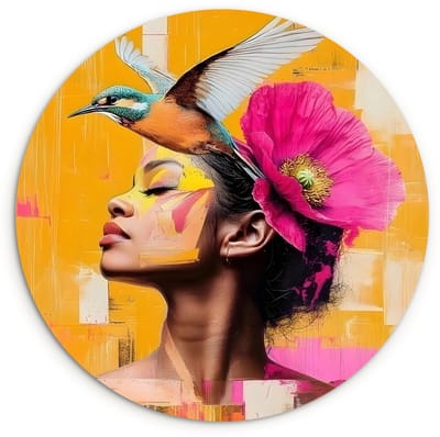 WallCircle® Wandcirkel 120x120 cm - Muurcirkel Vogel - Vrouw - Abstract - Bloem - Muurdecoratie woonkamer - Wanddecoratie slaapkamer - Kamer decoratie accessoires - Ronde schilderijen XXL
