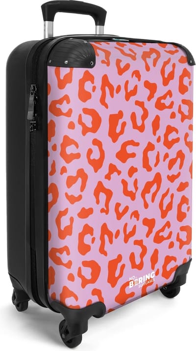 NoBoringSuitcases.com® - Handbagage koffer lichtgewicht - Reiskoffer cabine trolley - Paarse rolkoffer op wieltjes met rode panterprint - Travel luggage suitcase - Reizen - Past binnen 55x40x20 en 55x35x25