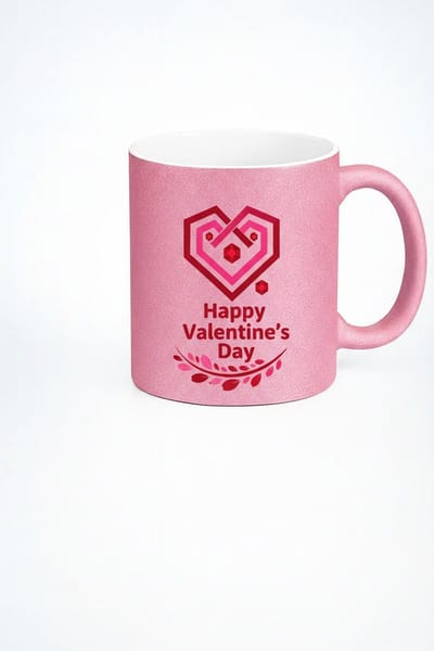 Valentijnsdag Mok Roze Glitter met Hart Design en 'Happy Valentine's Day' Tekst | Romantisch Cadeau