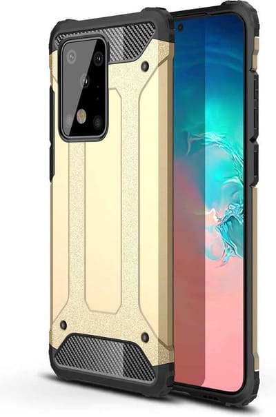 Schokbestendig Heavy Duty Hoesje Geschikt voor: Samsung Galaxy S20 Ultra Shock Proof Hybride - Back Cover - Dual Layer Armor Case - Extra Stevig - Goud