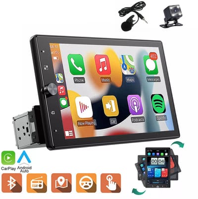 ESSGOO Universele Draaibaar 1Din Autoradio - 10,4 inch Touchscreen - Apple Carplay en Android Auto - Handsfree bellen - Bluetooth USB AUX GPS - FM-Radio - Achteruitrijcamera - Microfoon