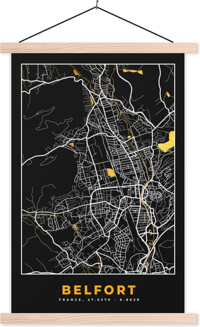 Posterhanger incl. Poster 40x60 cm - Schoolplaat - Plattegrond - Kaart - Belfort - Frankrijk - Stadskaart - Textielposter - Blanke latten - Stadskaart