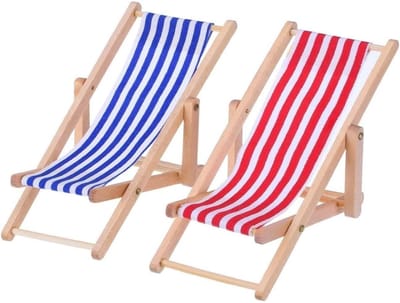 TOVBMUP Miniatuur strandstoel - 2-pack - Houten mini decoratieve ligstoel - Poppenligstoel - Telefoonhouder - Blauwe en witte stoffen zitting - Ca. 11 x 6 cm