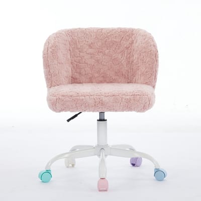 Roze Pluche Bureaustoel - Imitatiebont Make-up Stoel - 360° Draaibaar - In Hoogte Verstelbaar - Metalen Basis - Slaapkamer - 55x57x81cm - Roze