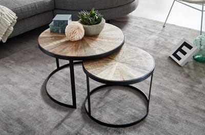 Set van 2 Ronde Bijzettafels van Massief Hout met Metalen Poten