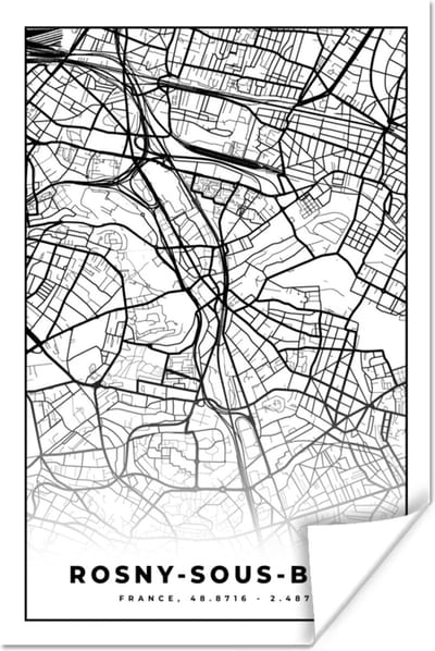 Poster Kaart - Plattegrond - Rosny-sous-Bois - Frankrijk - Stadskaart - Zwart wit - 120x180 cm XXL