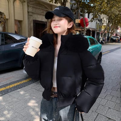 Winter Dames Super Korte Hooded Losse Grote Bontkraag Verdikte Katoenen Kleding Koreaanse Versie XL zwart