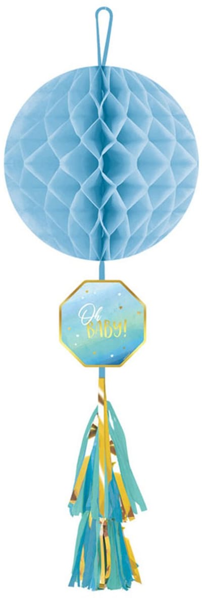 AMSCAN - Honingraat papieren hangdecoratie 'Oh Baby' blauw en goud met kwast, 75 cm, voor babyborrel decoratie