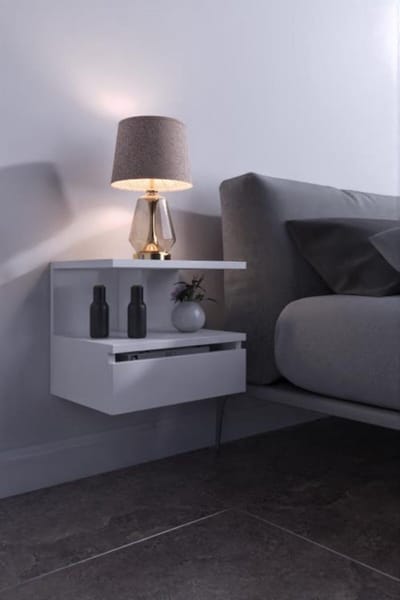 SNS Home - Flora 17-04 - Nachtkastje met Sectie/Verdeling - Met Beweegbare Hoes - Nachtkastje Zwevend - 40x34x31 cm - Wit