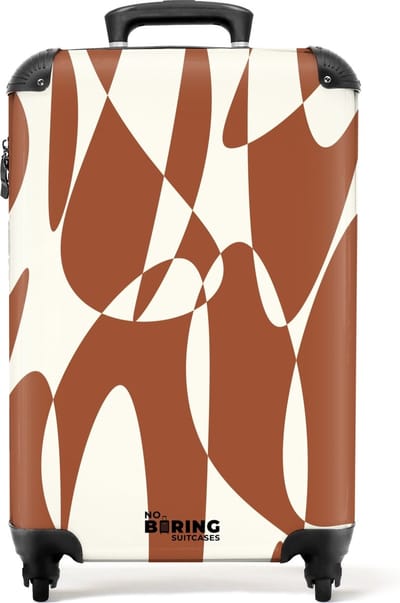 NoBoringSuitcases.com® - Handbagage koffer lichtgewicht - Reiskoffer trolley - Bruin met witte abstracte vormen - Rolkoffer met wieltjes - Past binnen 55x40x20 en 55x35x25