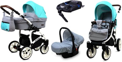 BabyLux® Kinderwagen 4in1 – OPTIMAL - SILVER MINT WHITE FRAME - Opklapbare Wandelwagen incl. Reiswieg, Multifunctionele Buggy Sportstoel, Autostoel, ISOFIX basisstation - Combi-kinderwagen met Luiertas, Regenhoes, Klamboe