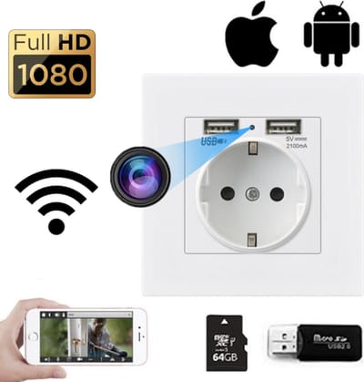 Trend Goods - Verborgen Spy Camera Stopcontact - Stopcontacten - Spy cam Wifi camera binnen met App - Stopcontactbeveiligingscamera - Beveiligingscamera binnen - Incl. 64GB Micro SD kaart - Nachtzicht - Bewegingssensor