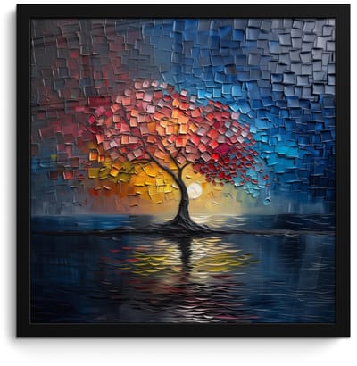 Poster in lijst - Fotolijst 40x40 cm - Posters - Boom - Blauw - Bladeren - Vakken - Posterlijst zwart - Decoratie - Wanddecoratie woonkamer - Muurdecoratie slaapkamer