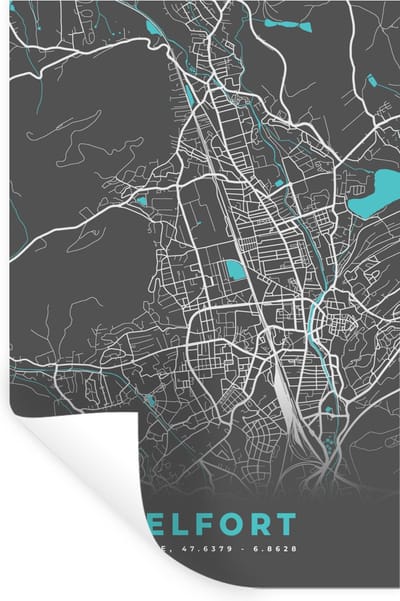 Muurstickers - Sticker Folie - Belfort - Frankrijk - Kaart - Stadskaart - Plattegrond - 20x30 cm - Plakfolie - Muurstickers Kinderkamer - Zelfklevend Behang - Zelfklevend behangpapier - Stickerfolie