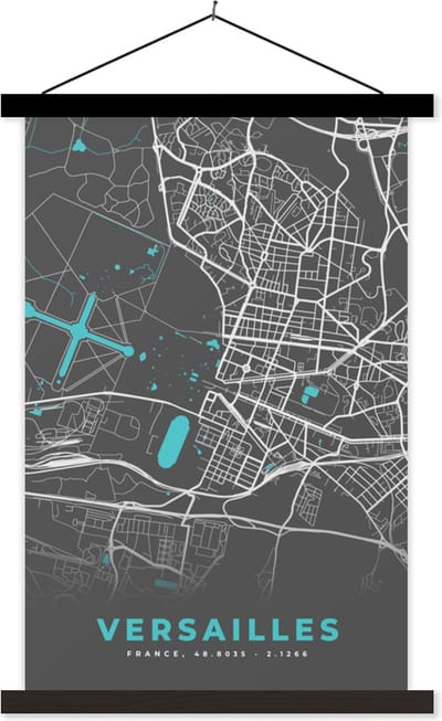 Posterhanger incl. Poster 40x60 cm - Schoolplaat - Kaart – Stadskaart – Versailles - Plattegrond – Frankrijk - Textielposter - Zwarte latten - Stadskaart