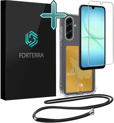 Hoesje Geschikt voor Samsung A17 Pashouder Case Siliconen Hoes Met Koord Met Screenprotector - Hoes Geschikt voor Samsung Galaxy A17 Met Telefoonkoord Hoesje Back Cover Met Pasjeshouder - Transparant