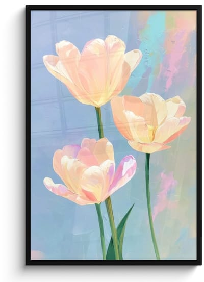 Poster in lijst - Fotolijst 80x120 cm - Posters - Tulpen - Roze accenten - Blauw - Posterlijst zwart - Decoratie - Wanddecoratie woonkamer - Muurdecoratie slaapkamer