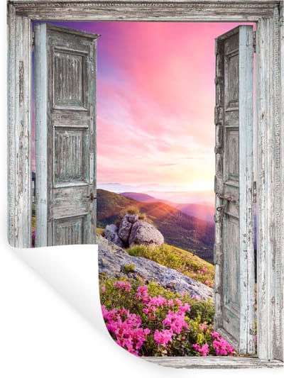 Muurstickers - Sticker Folie - Bergen - Landschap - Doorkijk - Bloemen - 30x40 cm - Plakfolie - Muurstickers Kinderkamer - Zelfklevend Behang - Zelfklevend behangpapier - Stickerfolie