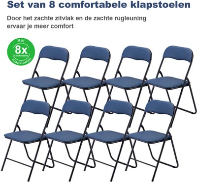 BARDI Set van 8 - Klapstoel - Vouwstoel - Opvouwbare Stoel - Comfortabel & Lichtgewicht - 100kg draagkracht - 43 x 38 x 87 cm - PVC - Eettafelstoel - BLAUW