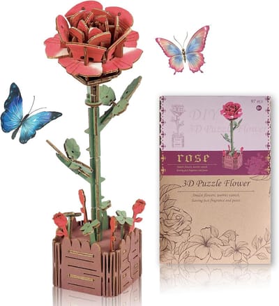 3D Houten Puzzel Roos Roze - Decoratieve Houten Bloemen Model Bouwpakket voor Volwassenen