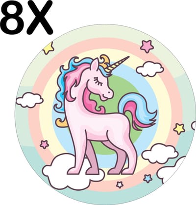 Luxe Ronde Placemat - Getekende Roze Eenhoorn - Wolken - Regenboog - Set van 8 Placemats - 50x50 cm - 2 mm dik Vinyl - Anti Slip - Afneembaar