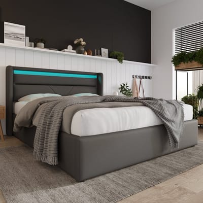 KOMHTOM Tweepersoonsbed 140x200 cm Commodebed opbergbed met LED-lichtbalk functioneel bed grijs