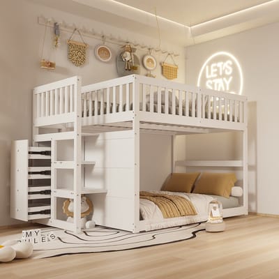 DESMIU Laag Stapelbed 140x200 cm – Veilig Kinderbed Met Hoge Valbeveiliging – Trap Met 4 Laden – Voor Kinderkamer – Hout – Wit – Zonder Matras