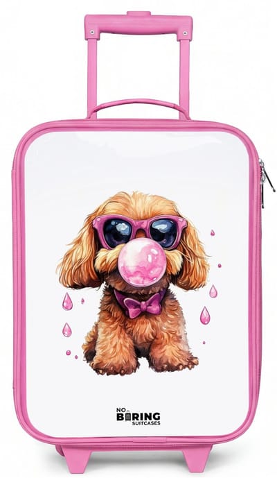 NoBoringSuitcases.com® - Kinderkoffer roze - Kindertrolley meisje - Bruine hond met roze bril en kauwgombal - Koffer kind lichtgewicht - Reiskoffer trolley voor kinderen - Koffertje met lichtgevende wieltjes - Rolkoffer