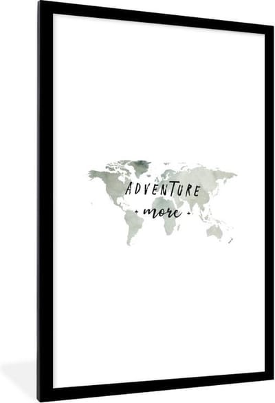 Poster in lijst - Fotolijst 60x90 cm - Posters - Wereldkaart - Aquarelverf - Adventure - Posterlijst zwart - Decoratie - Wanddecoratie woonkamer - Muurdecoratie slaapkamer