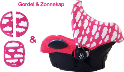 Wallabiezzz Zonnekap en Gordelhoes Baby - Geschikt voor de Maxi Cosi Autostoel - Roze Wolken - Kraam cadeau - Voordeelverpakking