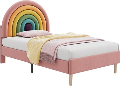 SINGULARITY-Gestoffeerd bed 90 x 200- met lattenbodem en hoofdbord- jeugdbed- in hoogte verstelbaar hoofdbord- fluweel- roze- zonder matras