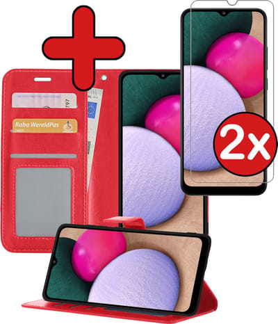 Hoesje - Met 2x Screenprotector - Geschikt voor Samsung Galaxy A02s - Luxe Pasjeshouder - Flip Case - Bookcase Portemonee - Kunstleer Book Case - Flipcase Hoes - Book Cover - Walletcase - Portemonneehoes - Telefoonhoes - Rood