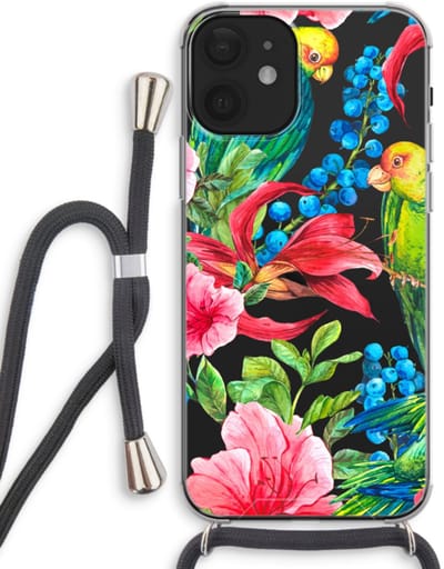 Case Company® - Hoesje met koord geschikt voor iPhone 12 hoesje met Koord - Papegaaien - Telefoonhoesje met Zwart Koord - Bescherming aan alle Kanten en Over de Schermrand