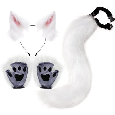 Fête d'Halloween Ensemble Queue de Renard Oreilles de Renard Plus Gants Pattes Mignons Cosplay Exposition Animation Personnage Peluche Faite Main Accessoires Option 1 white