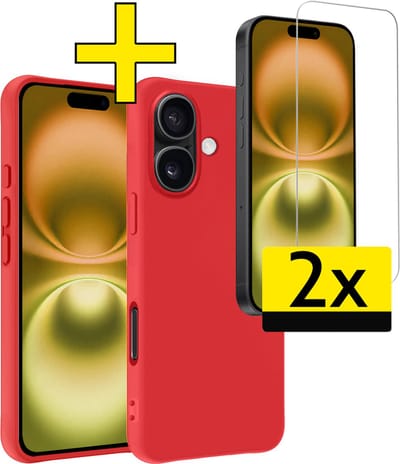 Hoesje - Met 2x Screenprotector - Geschikt voor Apple iPhone 16 - Sterk & Shockproof - Back Cover - Siliconen Case - Telefoon Hoes - Telefoonhoesjes - Rood