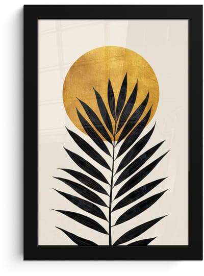 Poster in lijst - Fotolijst 20x30 cm - Posters - Zwart palmblad - Gouden cirkel - Beige achtergrond - Posterlijst zwart - Decoratie - Wanddecoratie woonkamer - Muurdecoratie slaapkamer