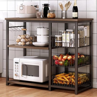 Keukenopbergrek - Magnetronstandaard - Keuken organiseren - Metaal met hout - 80cm breed - Zwart