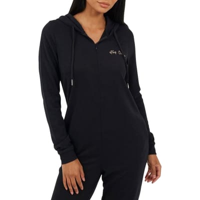 Brave Soul Dames-pyjama met capuchon, lange mouwen en opschrift (Zwart/Rose goud)