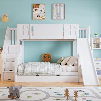 Pugsdrly Stapelbed, kinderbed met raam, glijbaan, lades op wieltjes, trap met leuning, 4 opbergvakken in de trap, veelzijdig ontwerp, veel opbergruimte, grenen + MDF, wit