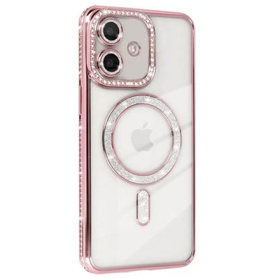 Hoesje met Diamantjes en Glitter Geschikt voor: Apple iPhone 17 - MagSafe Glitter Hoesje - Rosegoud met Diamanten steentjes - Glamour Hoesje