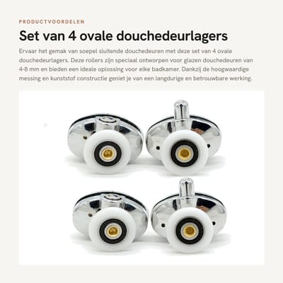 Dailygoods- Douchedeurlagers Set van 4 - 23 mm Wieldiameter - Geschikt voor Glas 4-8 mm - Messing/Kunststof - Eenvoudig te Schuiven - Easy Glide - Douchedeurrollen
