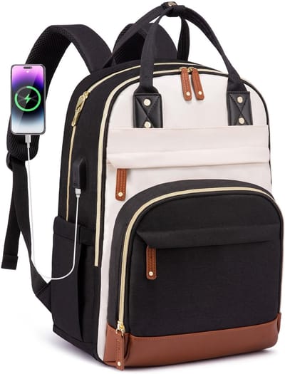 Rugzak voor dames, laptoprugzak, 15,6 inch, schoolrugzak, meisjes, tieners, waterdicht, schooltas, jongens, anti-diefstal, rugzak met laptopvak, voor school, reizen, zakelijk, leraar (beige+zwart)