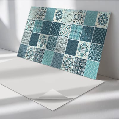Wallfluent Vinyl Wandpaneel - Patronen in geometrische mozaïek Vinyl Wandbekleding - 100 cm x 50 cm - Turkoois PVC wandpaneel - 1 stuk - Rechthoekig Wandbekleding Vinyl - Patroon Wandpaneel - Zelfklevend Muurpaneel - Wandpaneel Keuken en Badkamer