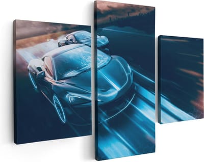 Artaza Canvas Schilderij Drieluik Twee Raceauto's - Abstract - 90x60 - Foto Op Canvas - Canvas Print