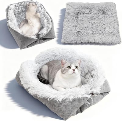 Comfortabel Kattenbed met Dekentje en Kussen, 2-in-1 Pluche Kat Sofabed, Wasbaar, 52 x 60 cm, Ideaal voor Slapen en Ontspannen van Katten en Kleine Honden
