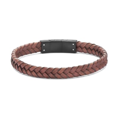 Frank 1967 7FB-0852 – Heren Armband – Gevlochten Leren Armband – Bruin Leer – Zwart Staal – 21 cm – Cadeau voor Mannen