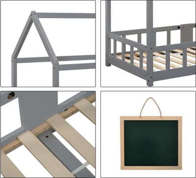 Kinderbed huisbed 90 x 200 cm Houten bed voor kinderkamer incl. schoolbord Lattenbodems Valbeveiliging - van grenenhout Grijs (zonder matras)