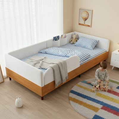 PHOEBE CAT Kinderbed - 90 x 200 cm - Met veiligheidshek - Velvet - Gestoffeerd bed - Wit + Naturel