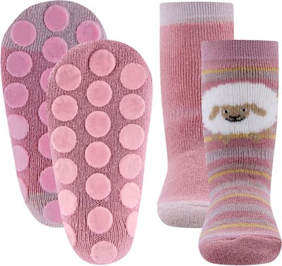 Ewers Antislipsok - 2-Pack - Wit Schaap en Streepjes & Effen Roze - Roze Sokken - Oudroze Accenten - Antislipnopjes - maat 17/18